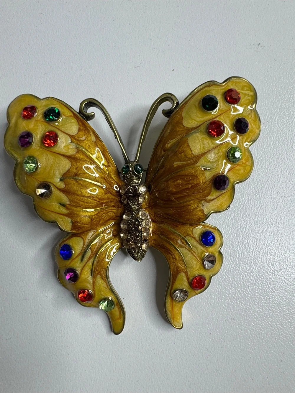 Gold Tone Butterfly Brooch Orange Yellow Enamel Multicolor Rhinestone Statement